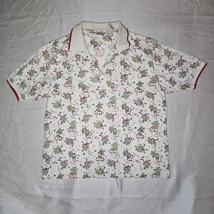 Cabin Creek‎ Womens Large Floral Bow He Loves Me Polo Shirt Vintage Cream Red